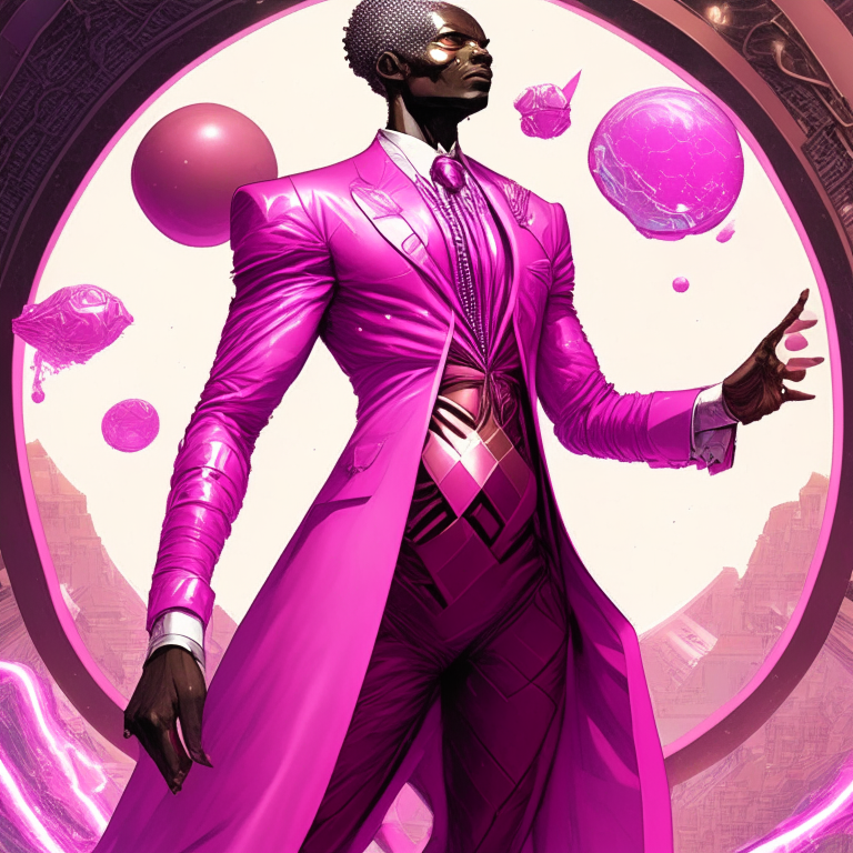 a regal figure emerges, clad in a pink suit, holding a planet-shaped as Africa. His dark skin and cyborg features are a testament to his mastery of reality architecture. Pink kinetic and energy auras swirl around him, as he conjures a new world through a portal to a pink pyramid city. The intricacies of his design are awe-inspiring, a symphony of art and magic