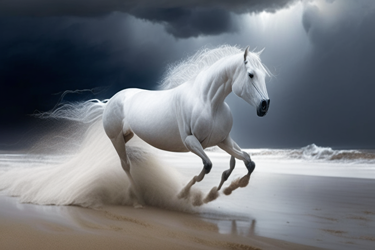a white Spanish horse galloping on a white sandy beach with a stormy sky with lightning