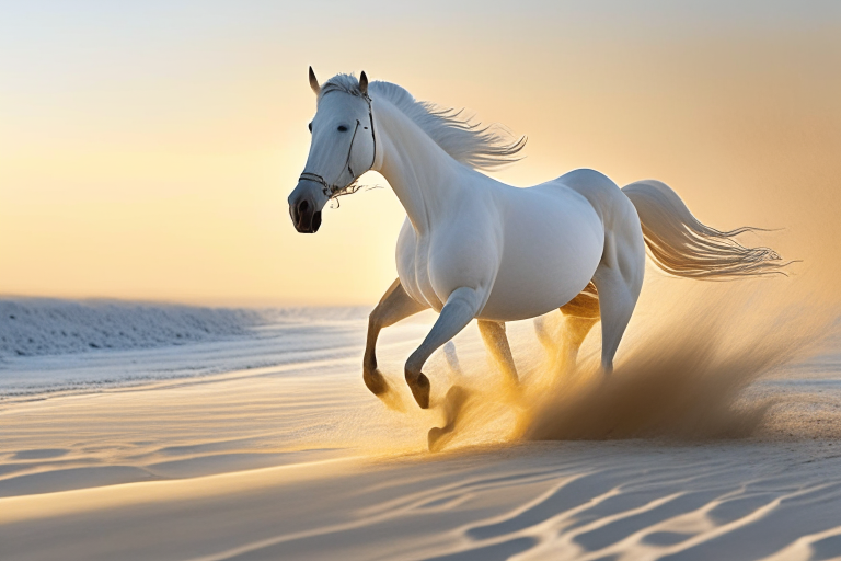 a white Spanish horse galloping on a white sandy beach at dawn