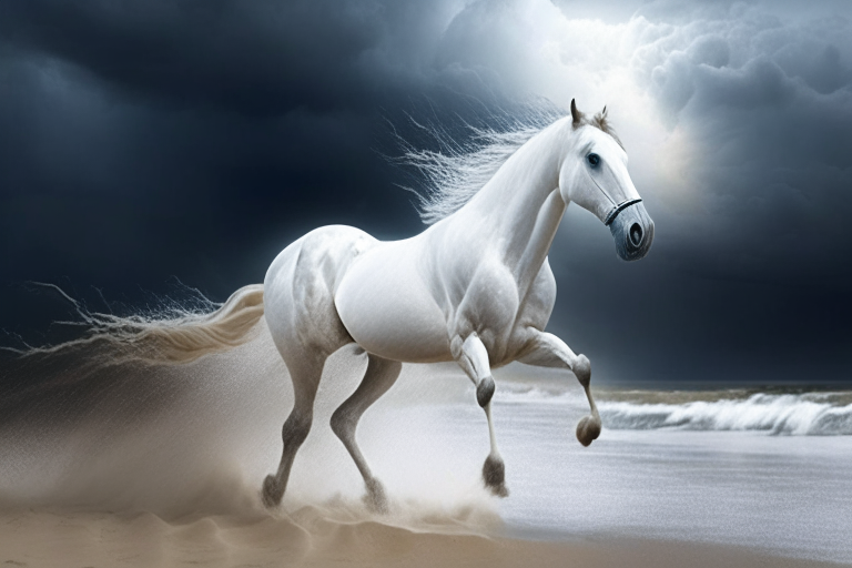 a white Spanish horse with four legs galloping on a white sandy beach with a stormy sky with lightning