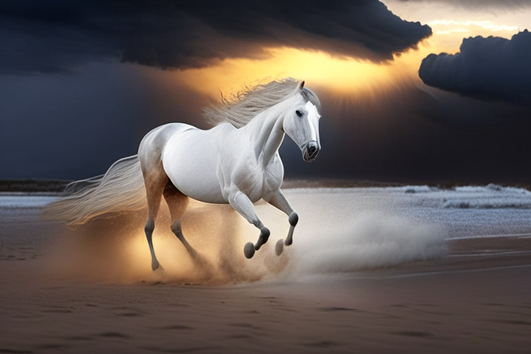 a white Spanish horse with four legs galloping on a white sandy beach at sunset with a stormy sky with lightning
