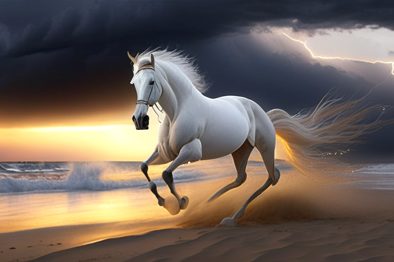 a realistic white Spanish horse with four legs galloping on a white sandy beach at sunset with a stormy sky with lightning