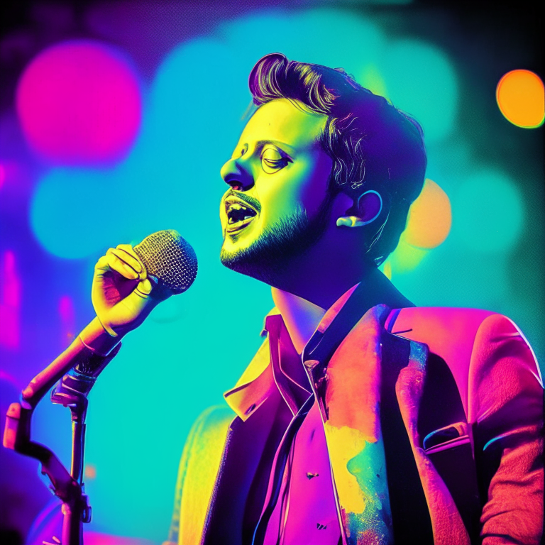 Atif Aslam singing on a stage with a vibrant retro-style background