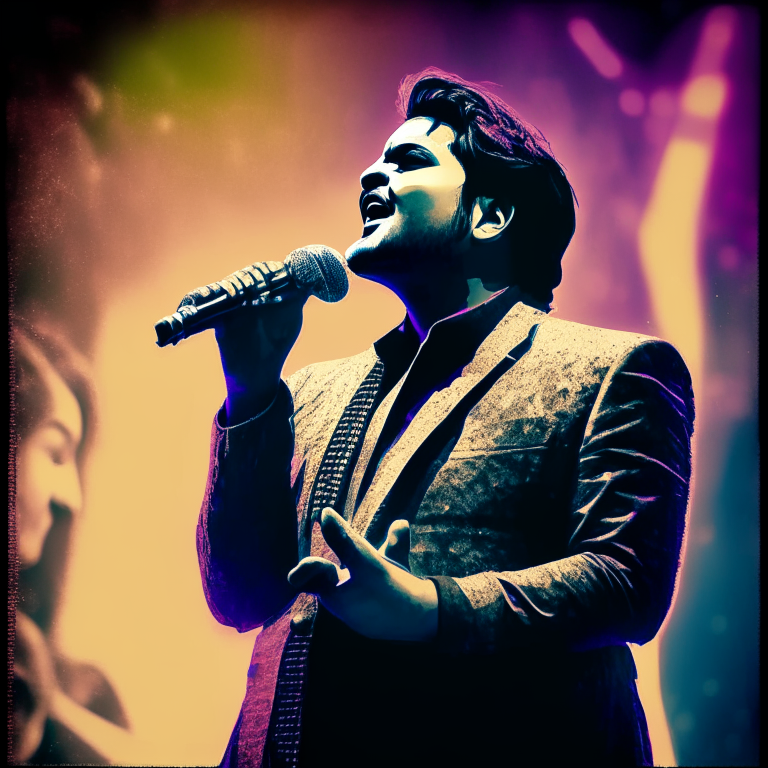 Mukesh, the Indian singer, performing on a stage with a normal background