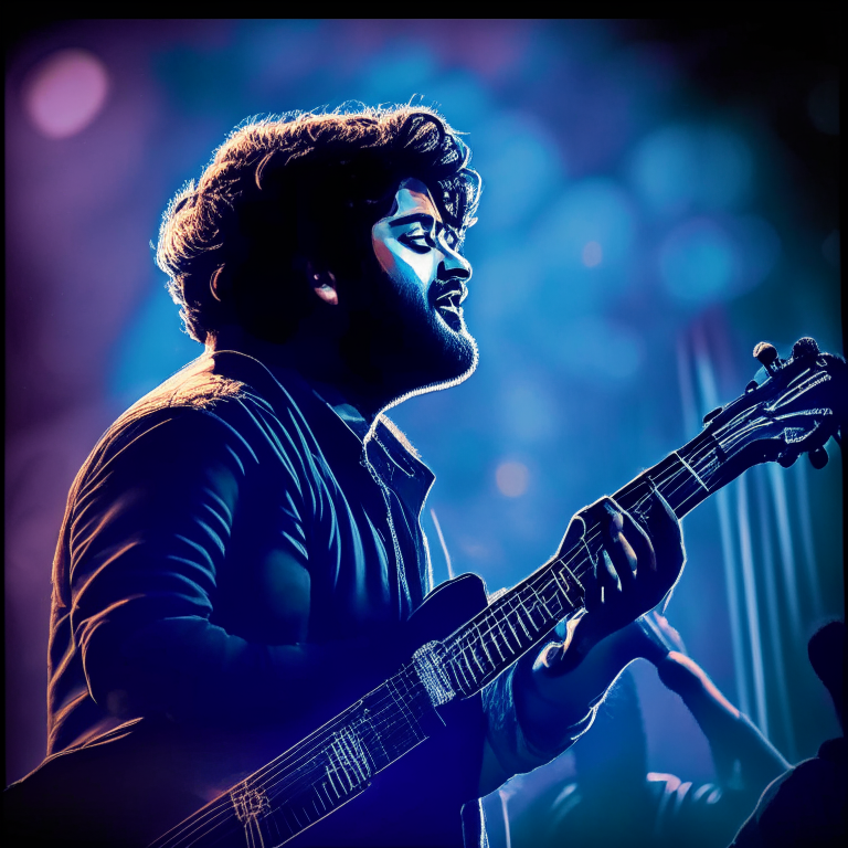 Arijit Singh singing on a stage with a concert background