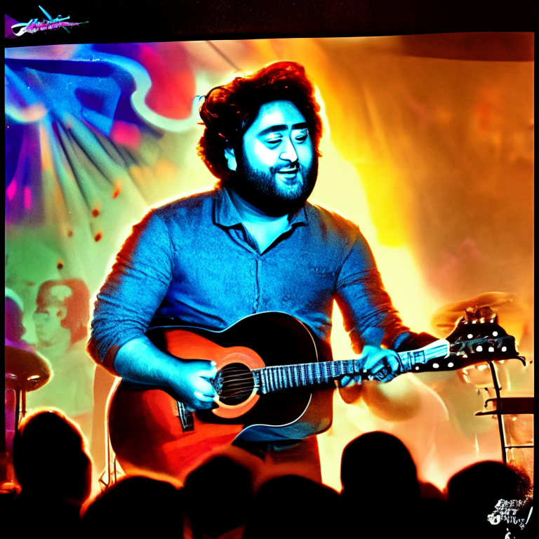 Arijit Singh singing on a stage with a birthday celebration theme