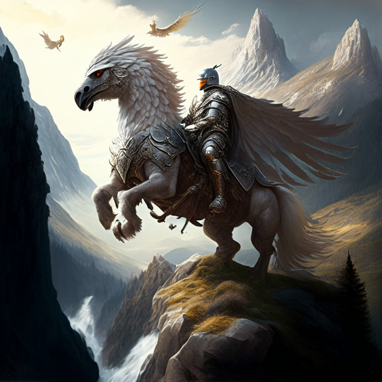 a knight in shining armor riding a majestic griffin through a mountainous landscape