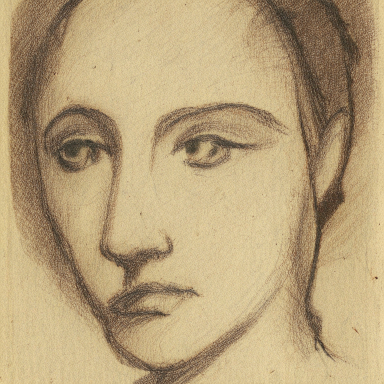 Head of a Woman, a small brush drawing with pigment, depicts a young woman with her head tilted and her eyes downcast.