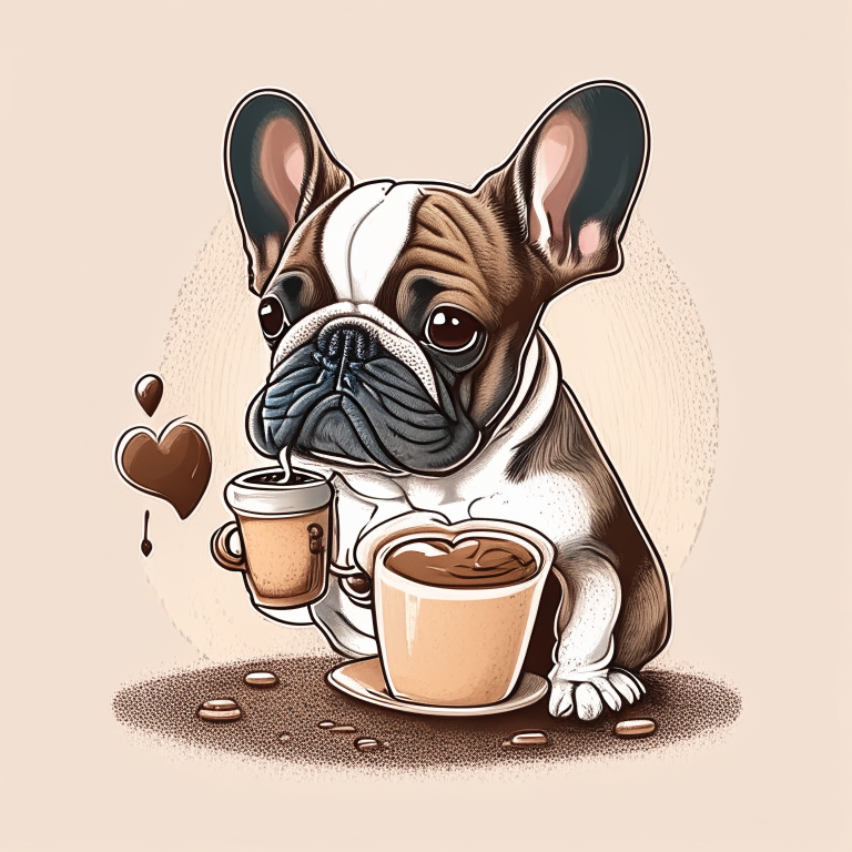 a French Bulldog puppy drinking a latte with heart-shaped art, drawn in a cartoon style