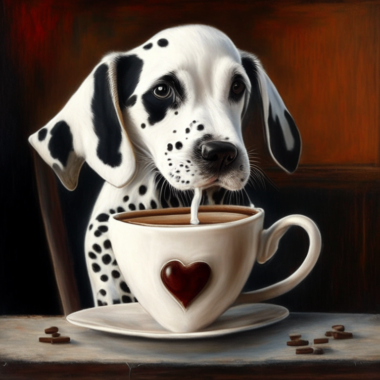 a Dalmatian puppy drinking a latte with heart-shaped art, painted in oil style