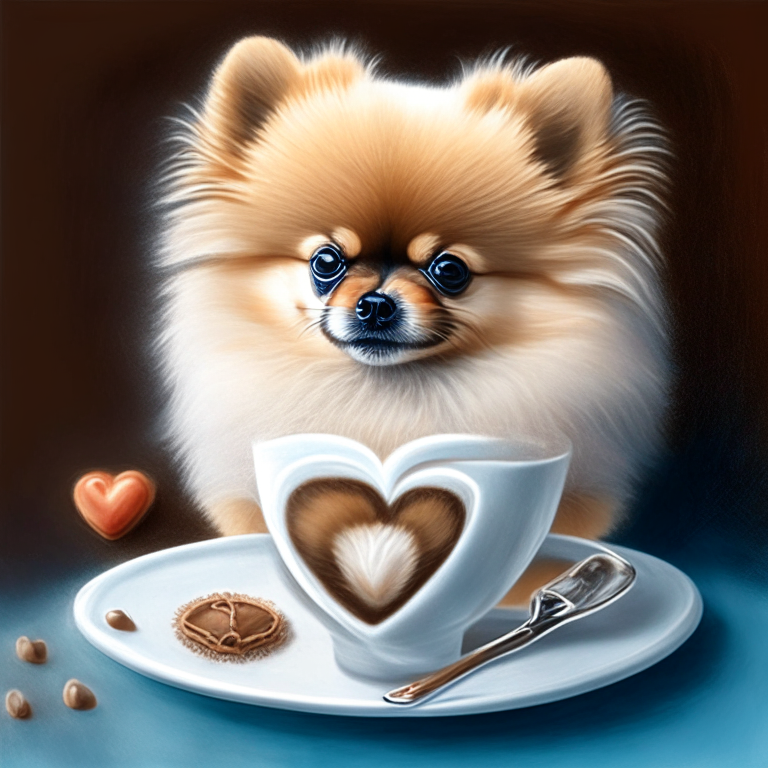 a Pomeranian puppy drinking a latte with heart-shaped art, painted in acrylic style