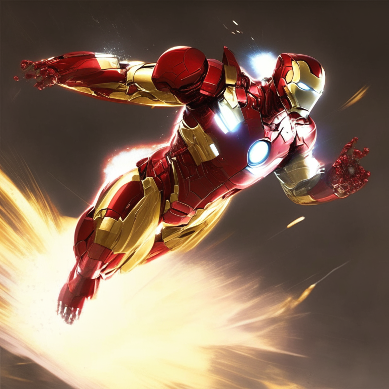 Iron Man in his iconic red and gold suit, flying through the air with his repulsor beams firing