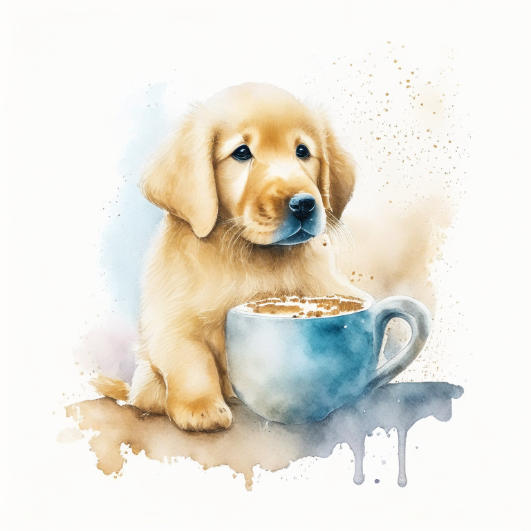 a Golden Retriever puppy drinking a latte with heart-shaped art in a watercolor style