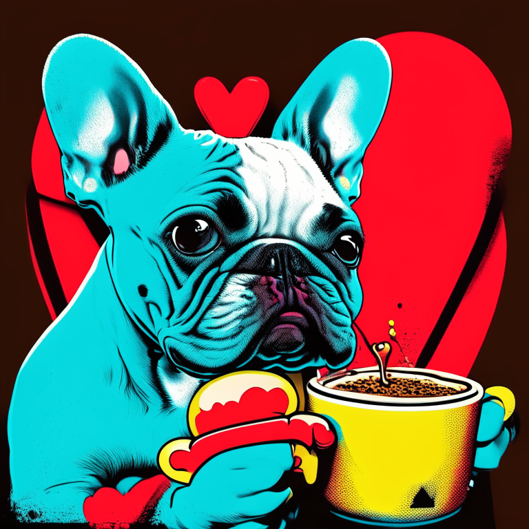 a French Bulldog puppy drinking a latte with heart-shaped art in a pop art style