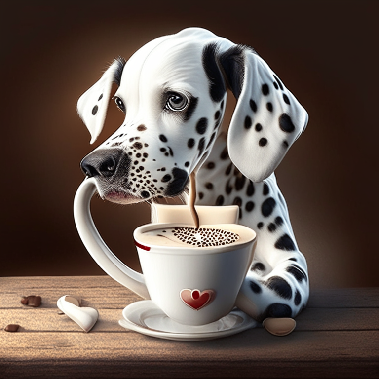 a Dalmatian puppy drinking a latte with heart-shaped art in a realistic style