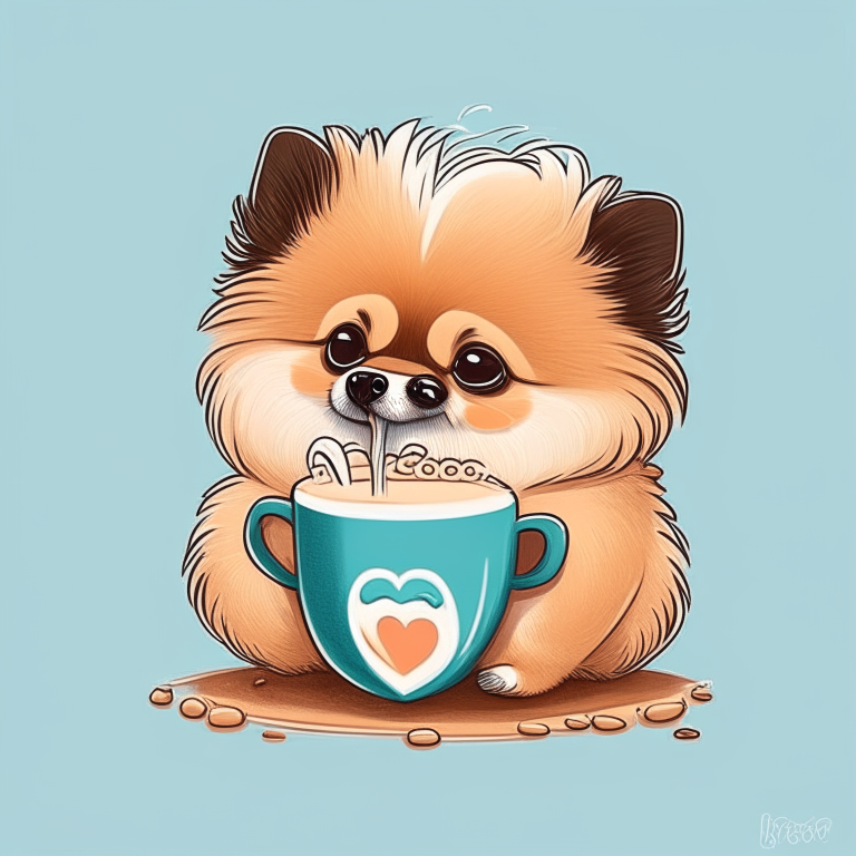 a Pomeranian puppy drinking a latte with heart-shaped art in a cartoon style