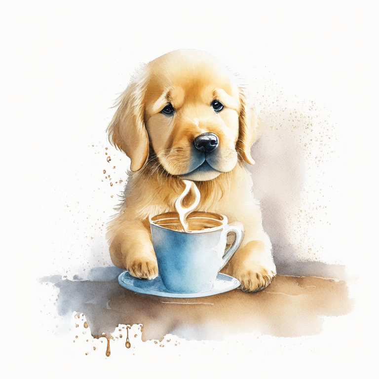 a Golden Retriever puppy drinking a latte with heart-shaped art, painted in watercolor style
