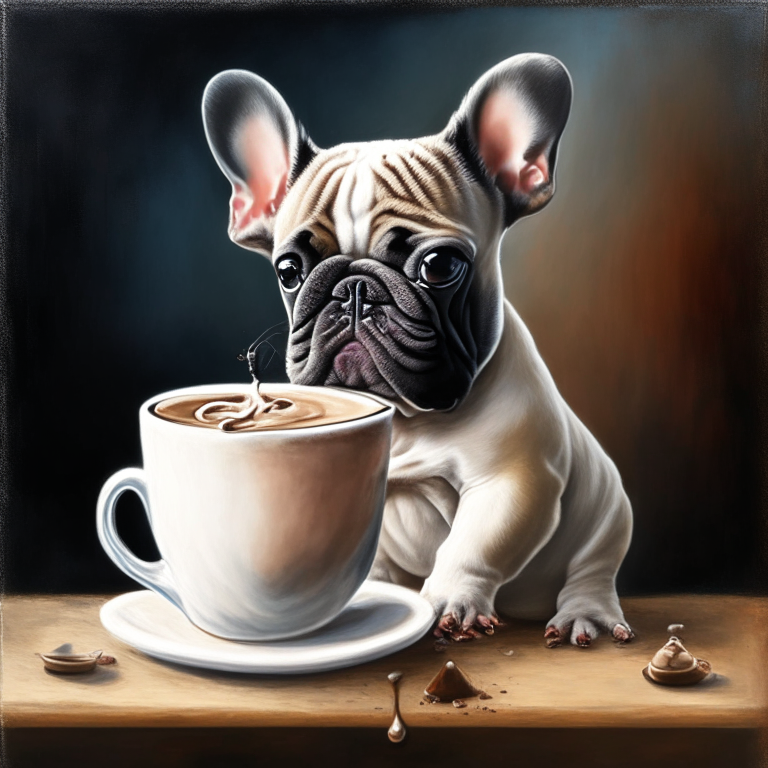 a French Bulldog puppy drinking a latte with heart-shaped art, painted in oil style