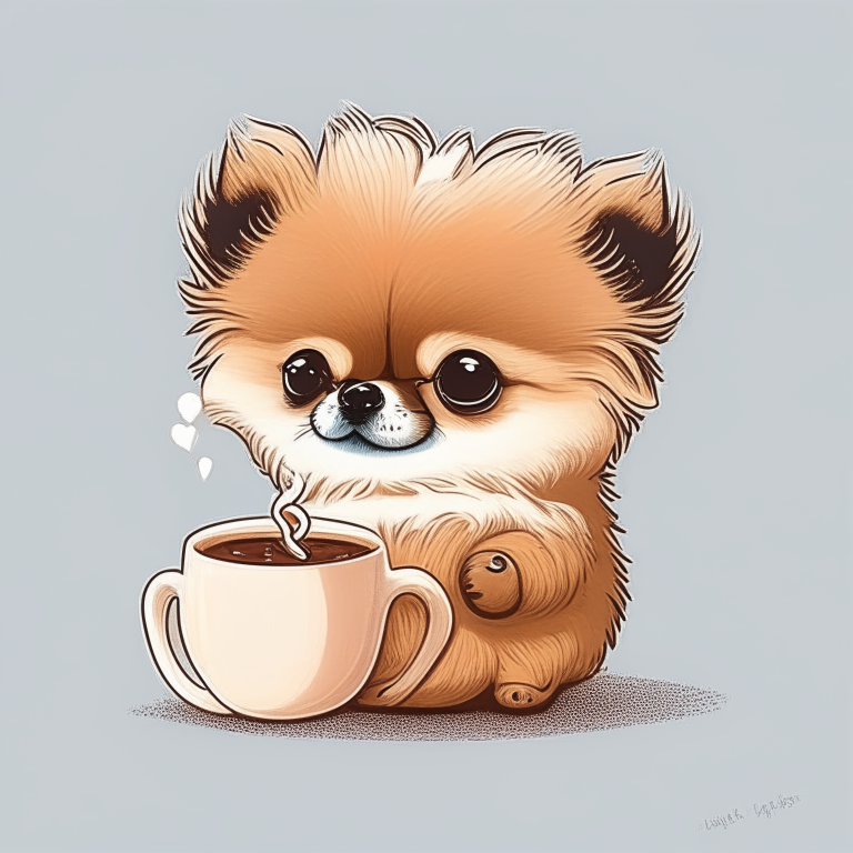 a Pomeranian puppy drinking a latte with heart-shaped art, drawn in cartoon style