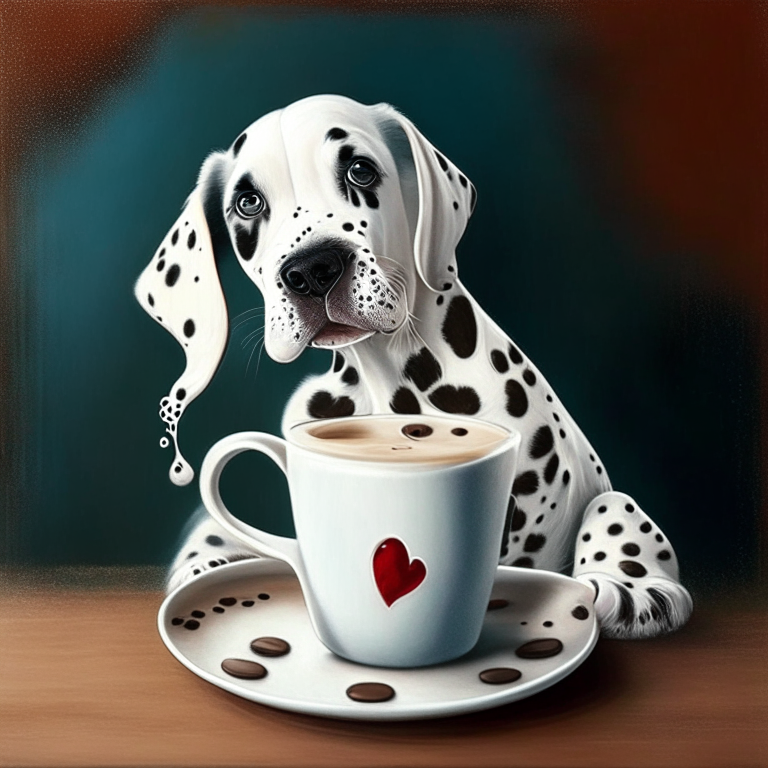 a Dalmatian puppy drinking a latte with heart-shaped art, painted in acrylic style