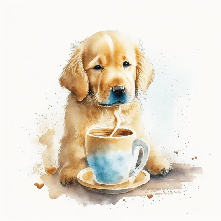 a Golden Retriever puppy drinking a latte with heart-shaped art, painted in watercolor style