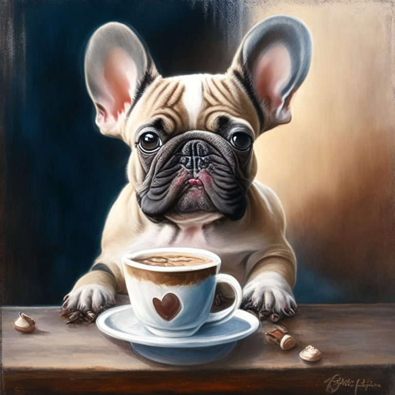 a French Bulldog puppy drinking a latte with heart-shaped art, painted in oil painting style