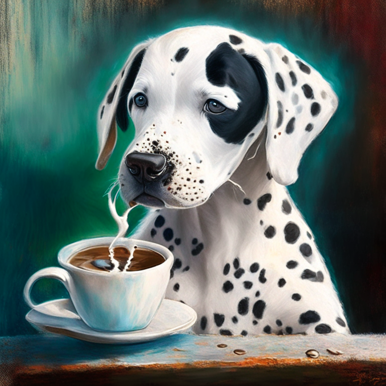 a Dalmatian puppy drinking a latte with heart-shaped art, painted in impressionist style