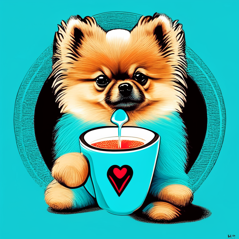 a Pomeranian puppy drinking a latte with heart-shaped art, painted in pop art style