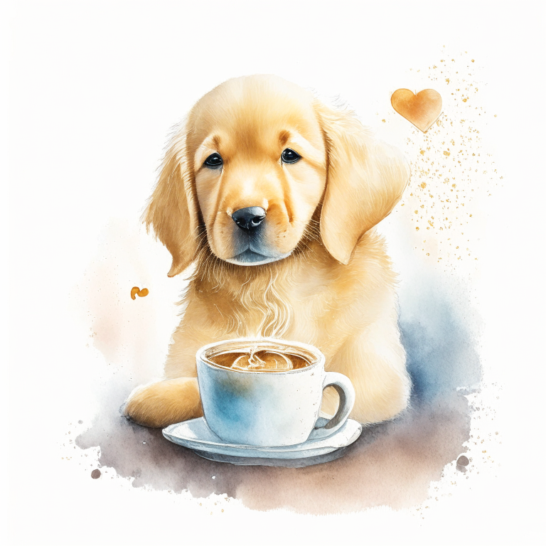 a Golden Retriever puppy drinking a latte with heart-shaped art, painted in watercolor style