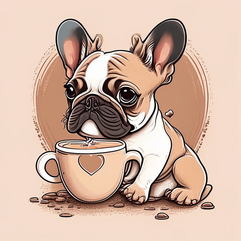 a French Bulldog puppy drinking a latte with heart-shaped art, drawn in cartoon style