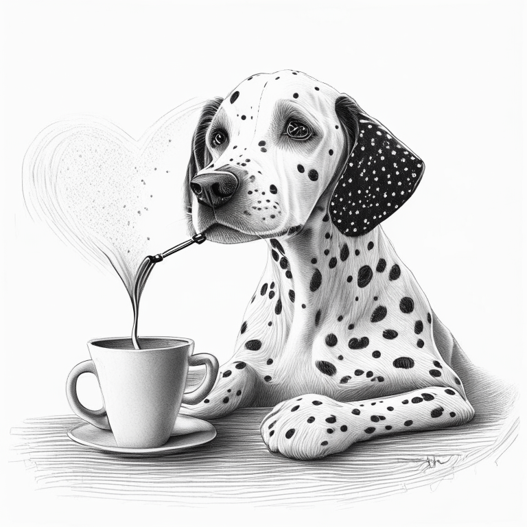 a Dalmatian puppy drinking a latte with heart-shaped art, sketched in pencil style