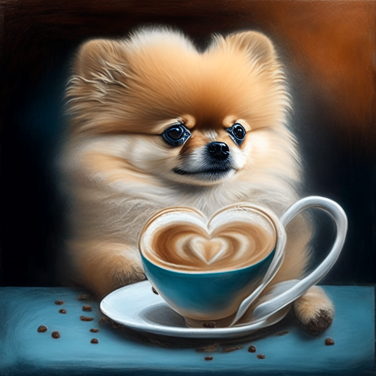 a Pomeranian puppy drinking a latte with heart-shaped art, painted in oil style