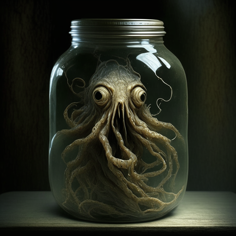a small, realistic Lovecraftian horror monster by Guillermo del Toro trapped in a jar