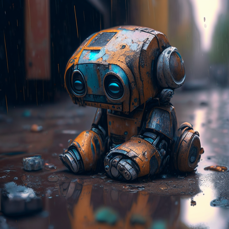 a cute little robot sitting on the ground a little rusty and a little damaged left abandoned in a street in rainy weather, very beautiful colors, hyper-detailed, hyper-realistic, natural lighting, octane rendering, trending on artstation, sharp focus, studio photo, intricate details, highly detailed, by Greg Rutkowski