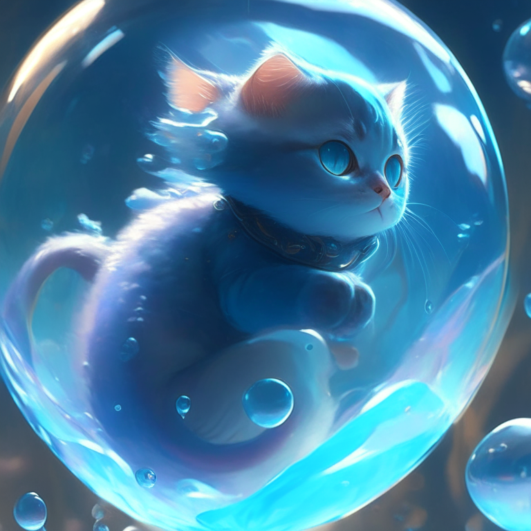 a cinematic portrait of a cute mew riding a large blue bubble, oil on canvas, masterpiece, trending on artstation, featured on pixiv, cinematic composition, dramatic pose, beautiful lighting, sharp, details, hyper-detailed, hd, hdr, 4k, 8k