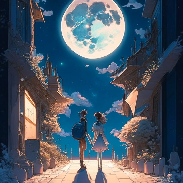 a 3D sidewalk by Studio Ghibli, Studio Key, Hideaki Anno, Sakimichan, Stanley Artgerm Lau, Rossdraws, James Jean, Marc Simonetti, on one part moon and on another part sun, night, cloud, stars, couple love, drawn in an elegant and highly detailed digital painting, trending on artstation and pixiv
