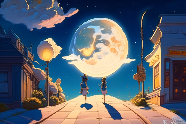 a highly detailed digital painting of a 3D sidewalk in a Studio Ghibli style, with the moon on one side and the sun on the other. The sky is filled with clouds and stars, and a couple in love is walking on the sidewalk.