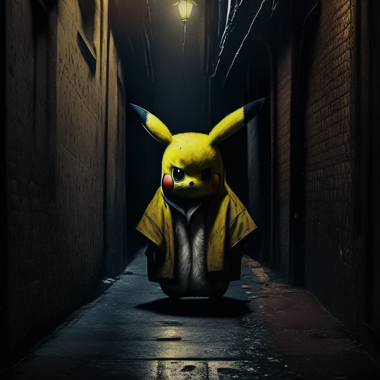 a creepy Pikachu wearing a coat and standing in a dark alley