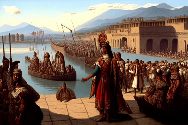 Hernán Cortés arriving in Tenochtitlan in the 16th century, with a bustling city in the background and people wearing traditional clothing