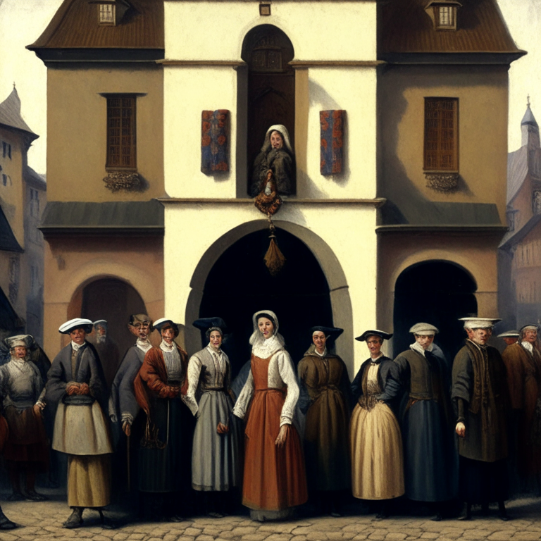 a painting of a group of people standing in front of a XVIth century building, wearing XVIth century clothing