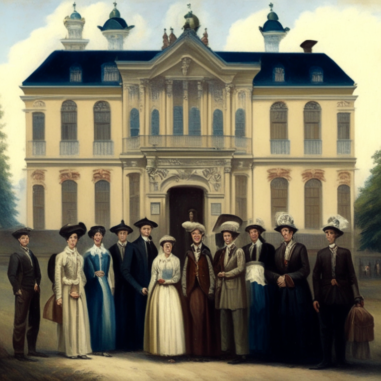 a painting of a group of people standing in front of a XVIIIth century building, wearing XVIIIth century clothing