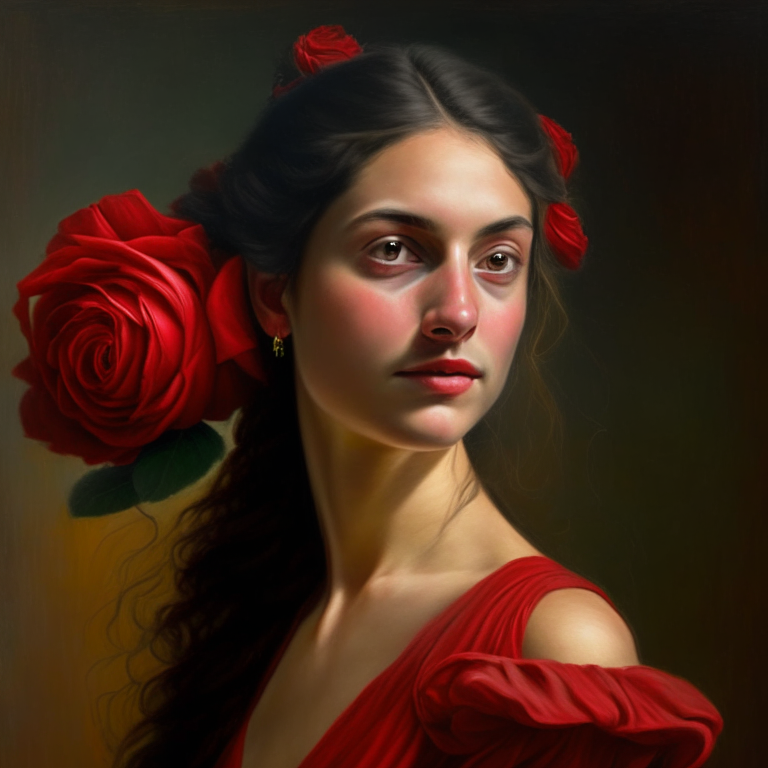 a young Italian woman with a red dress and a rose in her hair