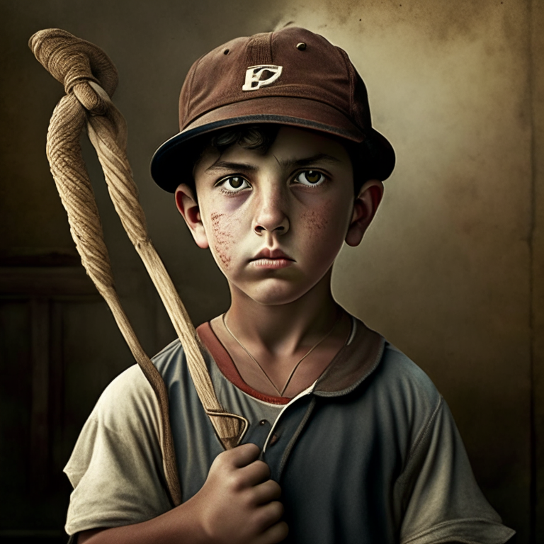 an Italian boy with a baseball cap and a slingshot