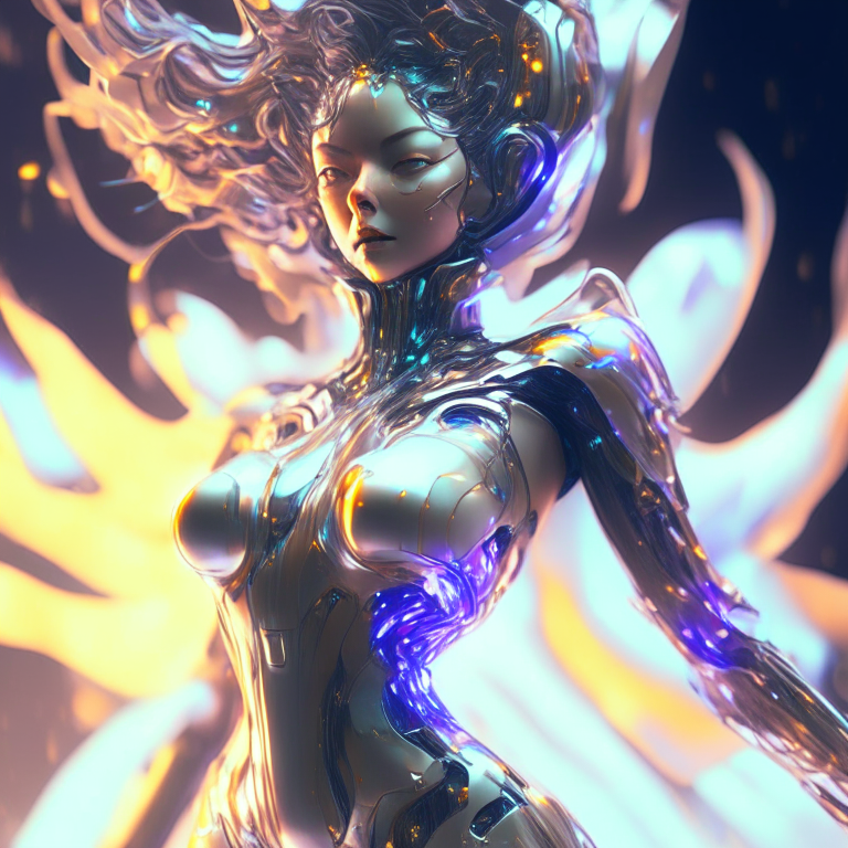 futuristic robot woman, anime style, crazy slick surfaces scatter light across wet mechanics, epic, vast, flower filled, alluring, icy, majestic, ava gardner, fay wray, action packed, psychological, madness, delight, hyper detailed, octane render, air is filled with relativistic flames, like an alter, space is the place, alive, bright, loving, laughing, araki, sorayama