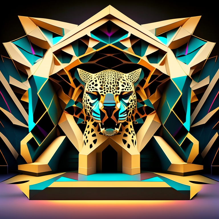 a front face centered stage with a shape of a jaguar with polygons and geometry shapes and patterns like isometrics, the stage needs to be abstract but psychedelic, with a dj booth. The shapes are simple, organic and symmetric.