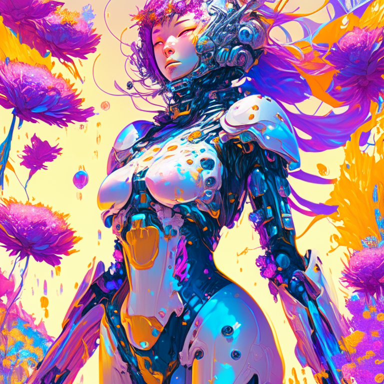 a futuristic robot woman with slick surfaces and wet mechanics, surrounded by flowers and icy landscapes, in an epic and vast space filled with relativistic flames and bright colors, with a hyper-detailed anime style and a touch of madness and delight, inspired by Araki and Sorayama