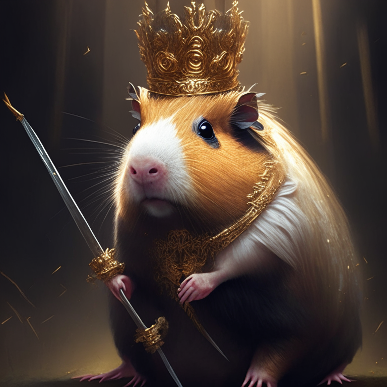 a guinea pig with a crown and golden sword, with bloody eyes, in a dramatic and intricate style inspired by Greg Rutkowski and Magic the Gathering, with sharp focus and very detailed features