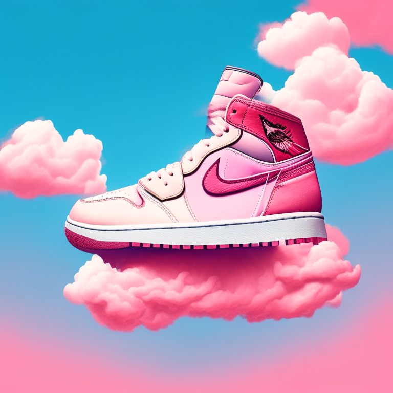 a Nike Jordan 1 in the Chicago colorway with a pink cloud background