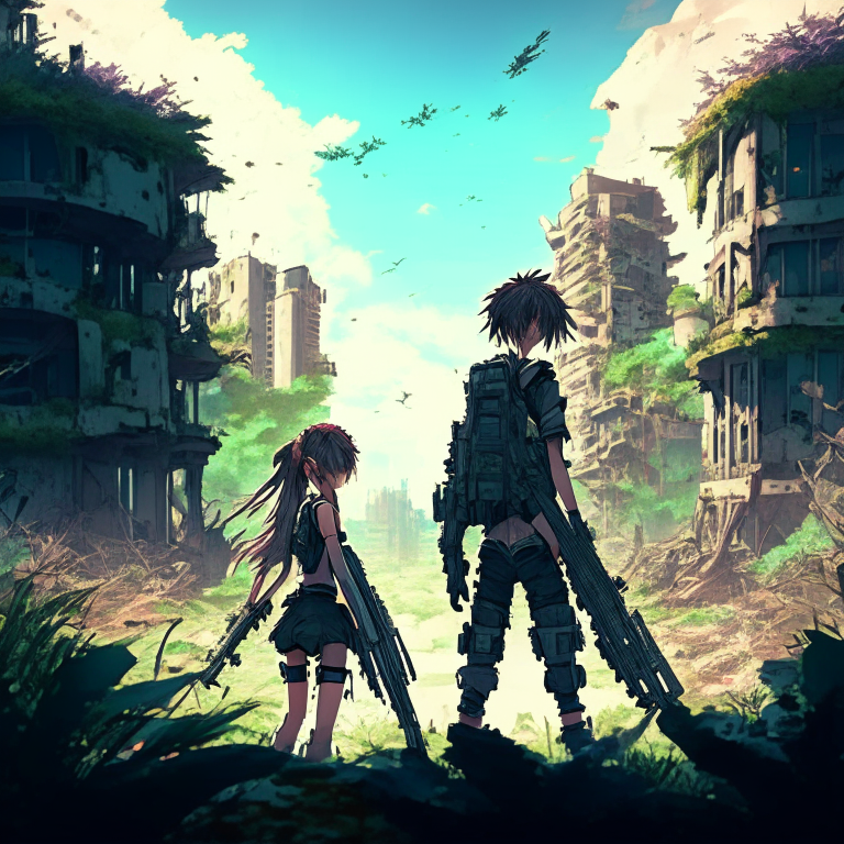 a post-apocalyptic city with a boy and a girl aiming at each other with a gun, surrounded by vegetation, in an anime style with high definition and 8k resolution