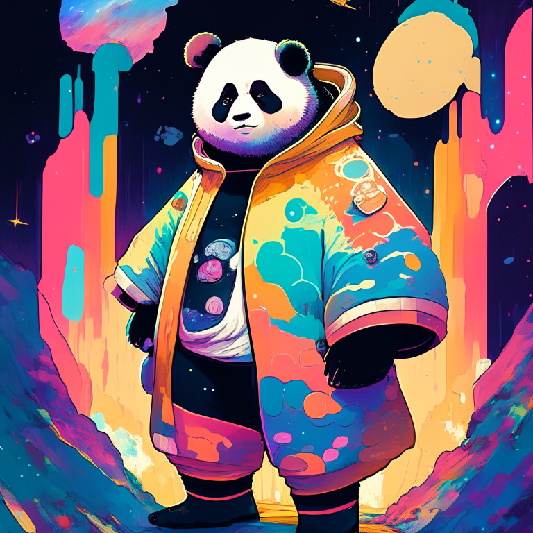 a panda bear wearing underground clothes in a far-off galaxy, in a 60s cartoon style inspired by Hannah Barbara, Studio Ghibli, Akira Toriyama, James Gilleard, and Warner Brothers, with vibrant colors and a low-detail, smooth style, using an acrylic palette knife and 8k resolution, trending on Pixiv Fanbox, DeviantArt, and ArtStation